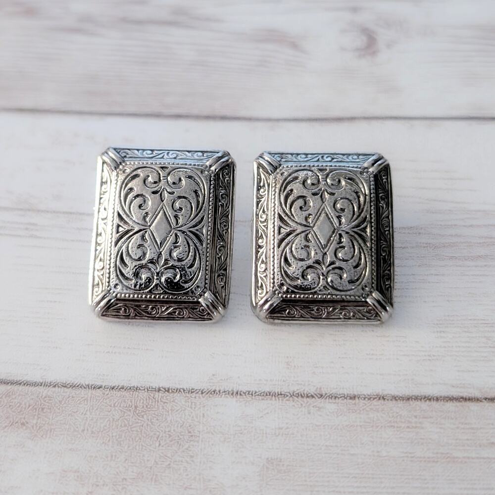 Vintage Stud Earrings Large Silver Tone Ornate Rectangle